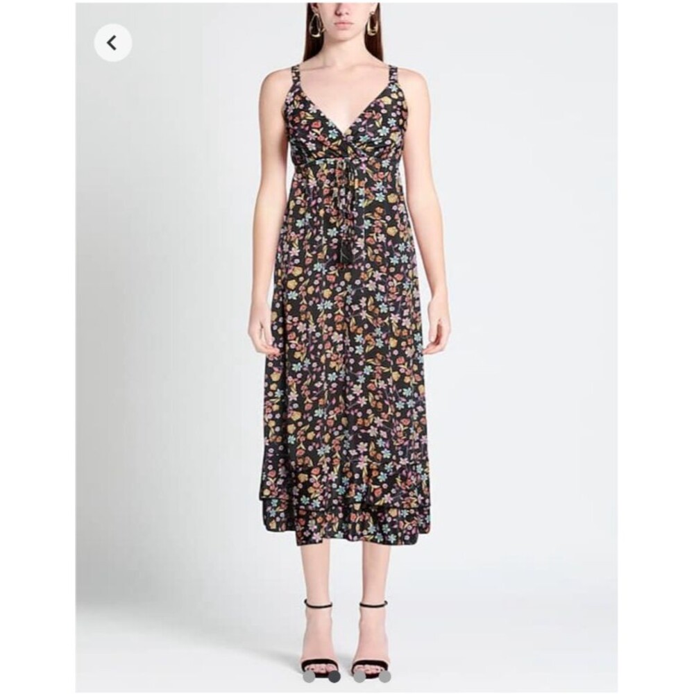 Iconique Women's Black Floral Midi Polysilk Sun Dress SZ XL Made in Italy
